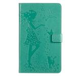 For Galaxy Tab A 8.0 (2019) T295/T290 Pressed Printing Woman and Cat Pattern Horizontal Flip Leather Case with Holder & Card Slots & Wallet(Green)