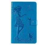 For Galaxy Tab A 8.0 (2019) T295/T290 Pressed Printing Woman and Cat Pattern Horizontal Flip Leather Case with Holder & Card Slots & Wallet(Blue)