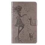 For Galaxy Tab A 8.0 (2019) T295/T290 Pressed Printing Woman and Cat Pattern Horizontal Flip Leather Case with Holder & Card Slots & Wallet(Grey)