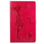 For Galaxy Tab A 10.1 (2019) Pressed Printing Woman and Cat Pattern Horizontal Flip Leather Case with Holder & Card Slots & Wallet(Rose Red)