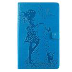 For Galaxy Tab A 10.1 (2019) Pressed Printing Woman and Cat Pattern Horizontal Flip Leather Case with Holder & Card Slots & Wallet(Blue)