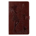 For Galaxy Tab A 10.1 (2019) Pressed Printing Woman and Cat Pattern Horizontal Flip Leather Case with Holder & Card Slots & Wallet(Brown)