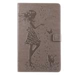 For Galaxy Tab A 10.1 (2019) Pressed Printing Woman and Cat Pattern Horizontal Flip Leather Case with Holder & Card Slots & Wallet(Grey)