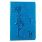 For Galaxy Tab S5e Pressed Printing Woman and Cat Pattern Horizontal Flip Leather Case with Holder & Card Slots & Wallet(Blue)