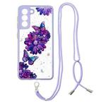 For Samsung Galaxy S21+ 5G Colored Drawing Starry Sky Epoxy TPU Shockproof Case with Neck Lanyard(Purple Flower Butterfly)