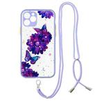 For iPhone 11 Colored Drawing Starry Sky Epoxy TPU Shockproof Case with Neck Lanyard (Purple Flower Butterfly)