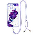 For iPhone 11 Pro Colored Drawing Starry Sky Epoxy TPU Shockproof Case with Neck Lanyard (Purple Flower Butterfly)