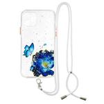 For iPhone 11 Pro Colored Drawing Starry Sky Epoxy TPU Shockproof Case with Neck Lanyard (Blue Butterfly)