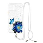 For iPhone 12 Pro Colored Drawing Starry Sky Epoxy TPU Shockproof Case with Neck Lanyard(Blue Butterfly)