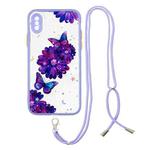 For iPhone X / XS Colored Drawing Starry Sky Epoxy TPU Shockproof Case with Neck Lanyard(Purple Flower Butterfly)