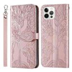 For iPhone 13 Pro Life of Tree Embossing Pattern Horizontal Flip Leather Case with Holder & Card Slot & Wallet & Photo Frame & Lanyard (Rose Gold)