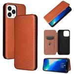 For iPhone 13 Pro Max Carbon Fiber Texture Horizontal Flip TPU + PC + PU Leather Case with Card Slot (Brown)