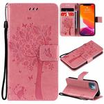 For iPhone 13 mini Tree & Cat Pattern Pressed Printing Horizontal Flip PU Leather Case with Holder & Card Slots & Wallet & Lanyard (Pink)