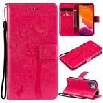 For iPhone 13 mini Tree & Cat Pattern Pressed Printing Horizontal Flip PU Leather Case with Holder & Card Slots & Wallet & Lanyard (Rose Red)