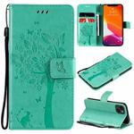 For iPhone 13 Tree & Cat Pattern Pressed Printing Horizontal Flip PU Leather Case with Holder & Card Slots & Wallet & Lanyard(Green)