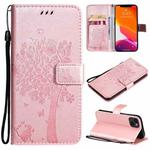 For iPhone 13 Tree & Cat Pattern Pressed Printing Horizontal Flip PU Leather Case with Holder & Card Slots & Wallet & Lanyard(Rose Gold)