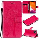 For iPhone 13 Tree & Cat Pattern Pressed Printing Horizontal Flip PU Leather Case with Holder & Card Slots & Wallet & Lanyard(Rose Red)