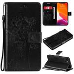 For iPhone 13 Tree & Cat Pattern Pressed Printing Horizontal Flip PU Leather Case with Holder & Card Slots & Wallet & Lanyard(Black)