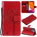 For iPhone 13 Pro Tree & Cat Pattern Pressed Printing Horizontal Flip PU Leather Case with Holder & Card Slots & Wallet & Lanyard (Red)