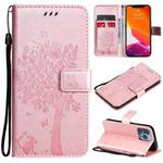 For iPhone 13 Pro Tree & Cat Pattern Pressed Printing Horizontal Flip PU Leather Case with Holder & Card Slots & Wallet & Lanyard (Rose Gold)