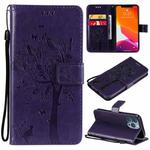 For iPhone 13 Pro Tree & Cat Pattern Pressed Printing Horizontal Flip PU Leather Case with Holder & Card Slots & Wallet & Lanyard (Purple)