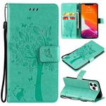 For iPhone 13 Pro Max Tree & Cat Pattern Pressed Printing Horizontal Flip PU Leather Case with Holder & Card Slots & Wallet & Lanyard (Green)