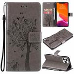 For iPhone 13 Pro Max Tree & Cat Pattern Pressed Printing Horizontal Flip PU Leather Case with Holder & Card Slots & Wallet & Lanyard (Grey)