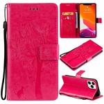 For iPhone 13 Pro Max Tree & Cat Pattern Pressed Printing Horizontal Flip PU Leather Case with Holder & Card Slots & Wallet & Lanyard (Rose Red)