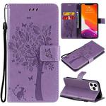 For iPhone 13 Pro Max Tree & Cat Pattern Pressed Printing Horizontal Flip PU Leather Case with Holder & Card Slots & Wallet & Lanyard (Light Purple)