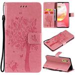 Tree & Cat Pattern Pressed Printing Horizontal Flip PU Leather Case with Holder & Card Slots & Wallet & Lanyard For LG Velvet 2 Pro(Pink)