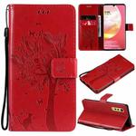 Tree & Cat Pattern Pressed Printing Horizontal Flip PU Leather Case with Holder & Card Slots & Wallet & Lanyard For LG Velvet 2 Pro(Red)