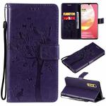 Tree & Cat Pattern Pressed Printing Horizontal Flip PU Leather Case with Holder & Card Slots & Wallet & Lanyard For LG Velvet 2 Pro(Purple)