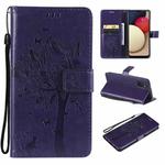 For Samsung Galaxy A03s 164mm Tree & Cat Pattern Pressed Printing Horizontal Flip PU Leather Case with Holder & Card Slots & Wallet & Lanyard(Purple)