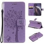 Tree & Cat Pattern Pressed Printing Horizontal Flip PU Leather Case with Holder & Card Slots & Wallet & Lanyard For OnePlus Nord CE 5G(Light Purple)