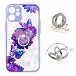 For iPhone 12 mini Colored Drawing Starry Sky Epoxy TPU Shockproof Case with Ring Holder (Purple Flower Butterfly)
