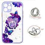 For iPhone 11 Pro Colored Drawing Starry Sky Epoxy TPU Shockproof Case with Ring Holder (Purple Flower Butterfly)