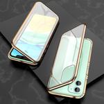 For iPhone 11 Ultra Slim Double Sides Magnetic Adsorption Angular Frame Tempered Glass Magnet Flip Case(Gold)