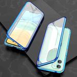 For iPhone 11 Ultra Slim Double Sides Magnetic Adsorption Angular Frame Tempered Glass Magnet Flip Case(Blue)