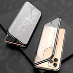 For iPhone 11 Pro Max Ultra Slim Double Sides Magnetic Adsorption Angular Frame Tempered Glass Magnet Flip Case(Black)