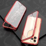 For iPhone 11 Pro Max Ultra Slim Double Sides Magnetic Adsorption Angular Frame Tempered Glass Magnet Flip Case(Red)