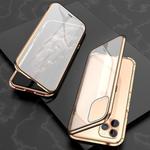 For iPhone 11 Pro Max Ultra Slim Double Sides Magnetic Adsorption Angular Frame Tempered Glass Magnet Flip Case(Gold)