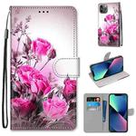 For iPhone 13 mini Coloured Drawing Cross Texture Horizontal Flip PU Leather Case with Holder & Card Slots & Wallet & Lanyard (Wild Rose)