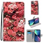 For iPhone 13 mini Coloured Drawing Cross Texture Horizontal Flip PU Leather Case with Holder & Card Slots & Wallet & Lanyard (Pink Rose Garden)