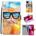For iPhone 13 Coloured Drawing Cross Texture Horizontal Flip PU Leather Case with Holder & Card Slots & Wallet & Lanyard(Cat Drinking Soda)