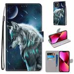 For iPhone 13 Coloured Drawing Cross Texture Horizontal Flip PU Leather Case with Holder & Card Slots & Wallet & Lanyard(Contemplative Wolf)