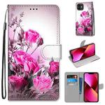 For iPhone 13 Coloured Drawing Cross Texture Horizontal Flip PU Leather Case with Holder & Card Slots & Wallet & Lanyard(Wild Rose)