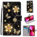 For iPhone 13 Coloured Drawing Cross Texture Horizontal Flip PU Leather Case with Holder & Card Slots & Wallet & Lanyard(Gold Diamond Butterfly)