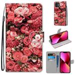 For iPhone 13 Coloured Drawing Cross Texture Horizontal Flip PU Leather Case with Holder & Card Slots & Wallet & Lanyard(Pink Rose Garden)