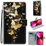 For iPhone 13 Coloured Drawing Cross Texture Horizontal Flip PU Leather Case with Holder & Card Slots & Wallet & Lanyard(Golden Butterfly Group)