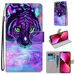 For iPhone 13 Coloured Drawing Cross Texture Horizontal Flip PU Leather Case with Holder & Card Slots & Wallet & Lanyard(Tiger Drinking Water)
